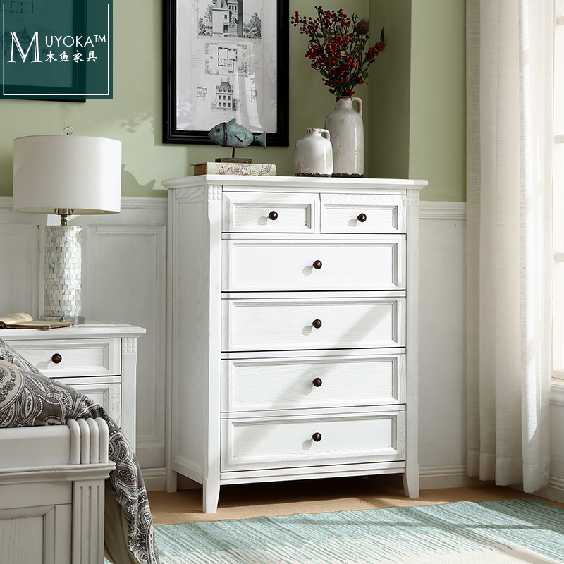 American countryside white wax wood solid wood six bucket cabinet bedroom lockers simple and white made old drawer containing bucket cabinet-Taobao