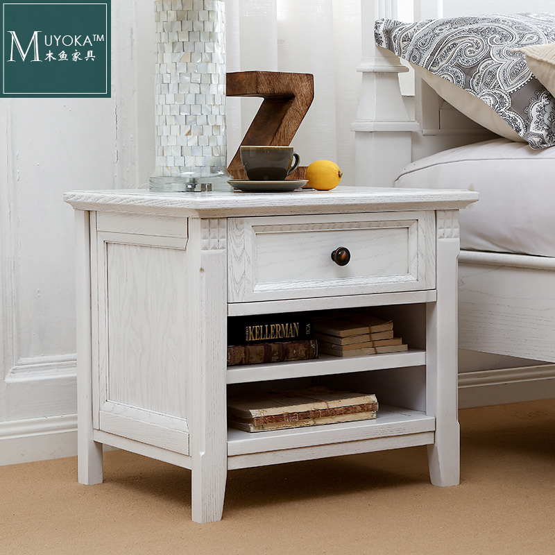 American countryside white wax wood bedroom solid wood bed head cabinet single drawer grid storage bed head cabinet-Taobao