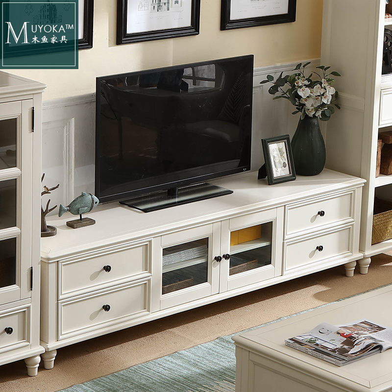 American Countryside Peach Blossom Heart Wood White Living Room Ground Cabinet Combination With Glass Door Solid Wood TV Cabinet-Taobao
