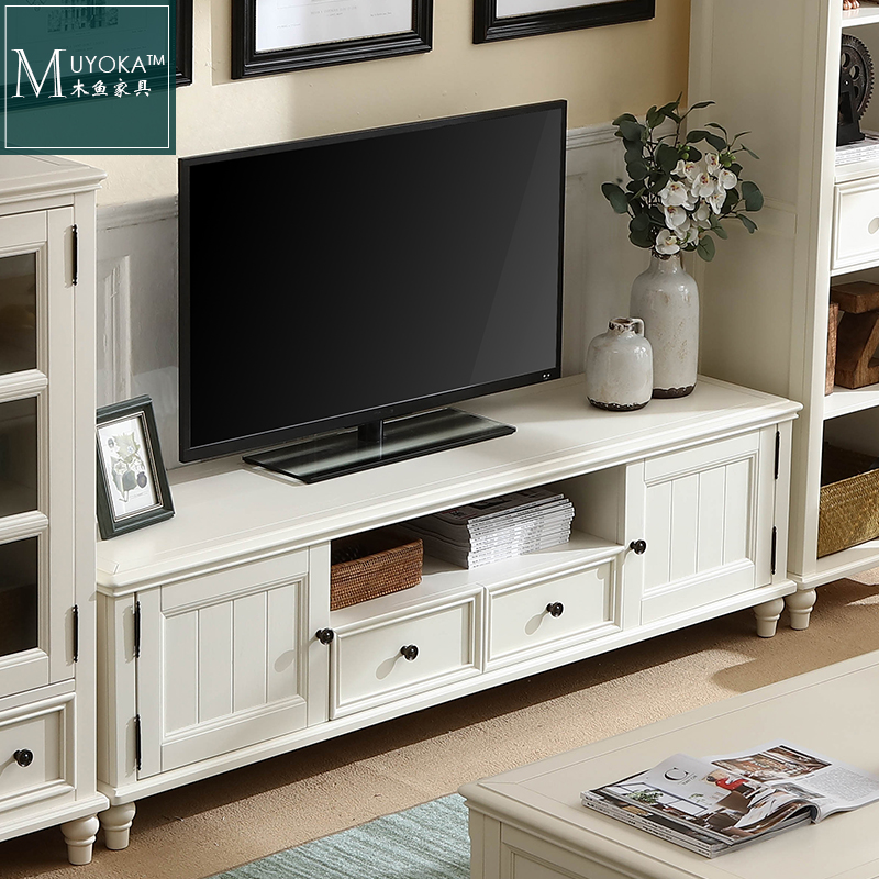 American countryside peach blossom heart wood white living room combined ground floor solid wood with drawer TV cabinet-Taobao