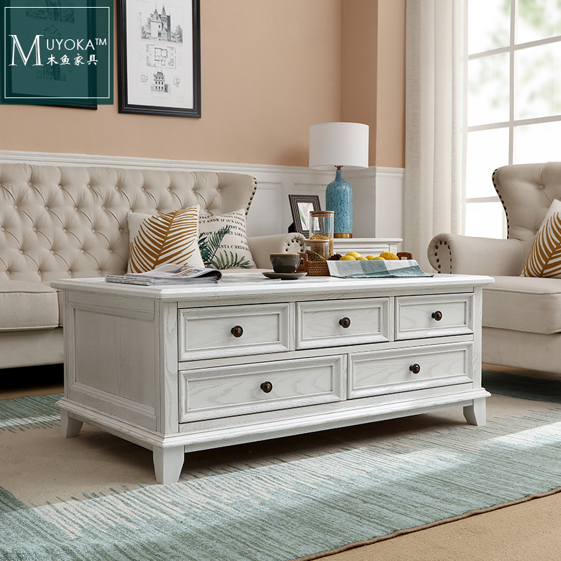 Wood Fish Furniture American Countryside White Wax Wood White Living Room Single-sided Five Drawer Tea Table-Taobao
