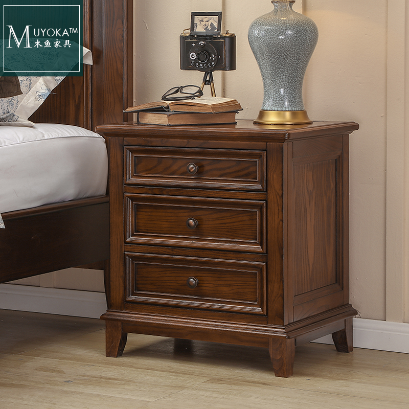 Wood Fish Furniture White Wax Wood American Countryside Solid Wood Bed Head Cabinet Minimalist Bedroom Containing Cabinet Bedside Cabinet Drawer Chest