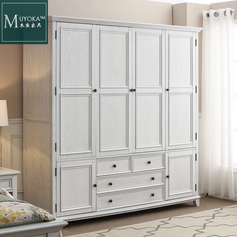 American Countryside Solid Wood Four Doors Wardrobe Wood Fish Furniture Furniture White Waxy Wood Big Wardrobe American Wardrobe Top Cabinet White Solid Wood