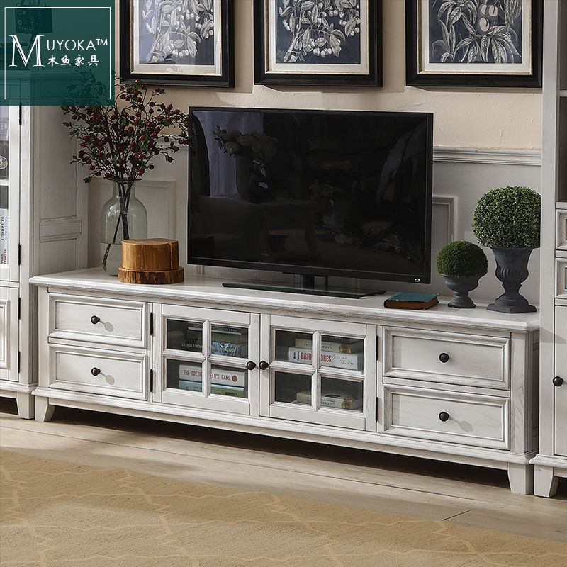 American Solid Wood TV Cabinet Ground Cabinet White Wax Wood Pure Solid Wood White Tea Table TV Cabinet Composition Living Room Furniture