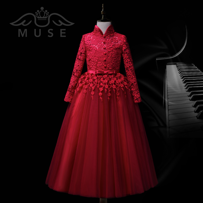Váy trẻ em của MUSE váy dài tay công chúa mùa thu và mùa đông cô gái mới cưới đám cưới hoa hoa cô gái biểu diễn piano - Váy trẻ em quần áo be gái 10 tuổi