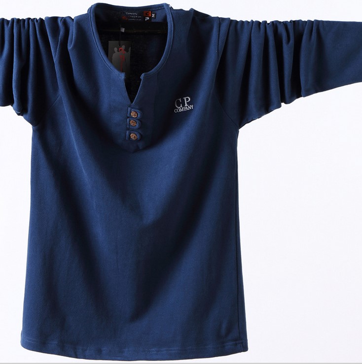 Cộng với chất béo size lớn mùa thu cotton nam cộng với số lượng lớn tay áo dài hở cổ áo sơ mi lỏng lẻo áo thun béo áo thun đen nam