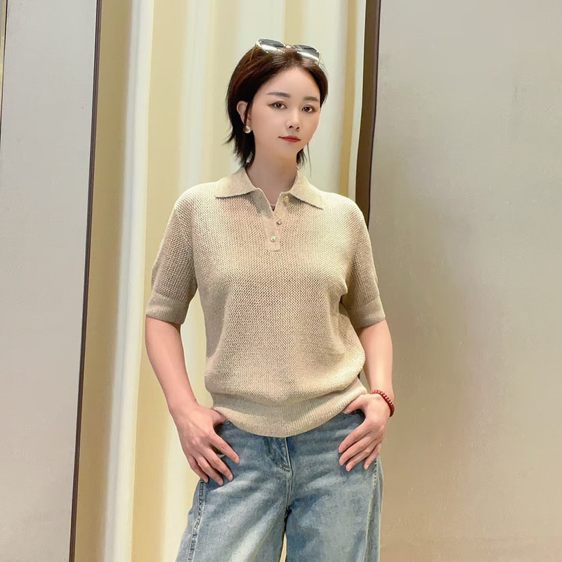 Ama's Official Website Women's Clothing 2026 Summer New Authentic Fashion Versatile Hollow-Out Knitwear Short-Sleeved T-Shirt 538140