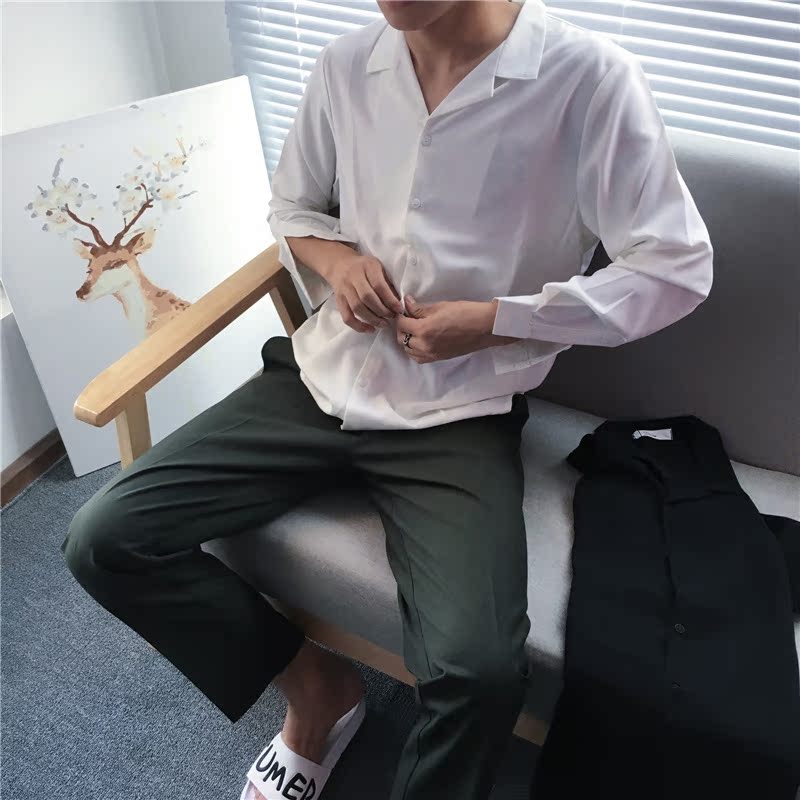 【WAZZW】免烫不起皱的质感睡衣衬衣 长袖纯色黑白衬衫男女情侣