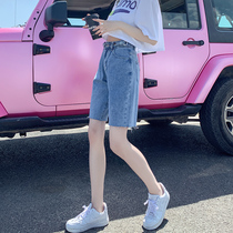 Tide brand denim shorts womens loose high waist straight five-piece pants ins summer Hong Kong flavor wide legs thin 5-point Middle pants