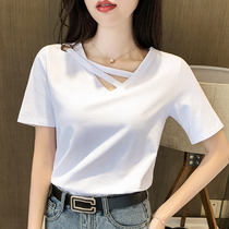 oioi mmlg white short sleeve t-shirt womens Tide brand loose summer interior V collar solid color shirt base shirt top