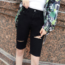 Tide brand hole five-point pants womens high waist straight tight denim shorts ins thin summer Net red riding middle pants