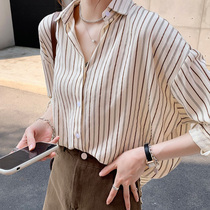 Striped shirt female Korean version of loose 2021 summer new design sense niche versatile thin sunscreen long sleeve shirt