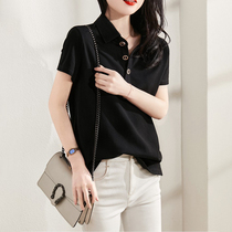 Polo collar T-shirt female shoulder European goods design sense niche Black thin summer cotton shirt short sleeve coat tide