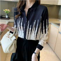 Shirt women 2021 new summer port flavor retro contrast color printed top design feel versatile temperament long sleeve shirt