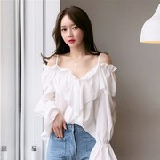 Áo sơ mi cổ tích Fan 2020 mùa xuân và mùa hè váy mới của Hàn Quốc phiên bản lỏng lẻo dài ngang vai sling dài tay nhuộm màu áo thun voan