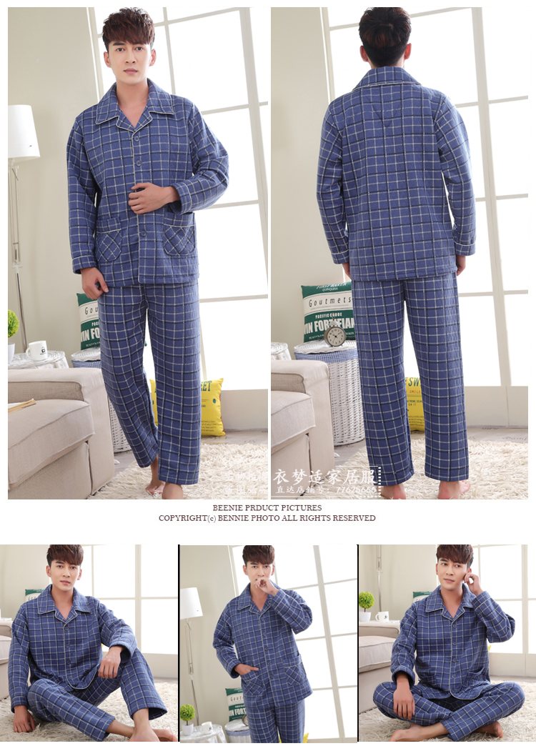 Mùa thu chăn pyjama nam phần mỏng cotton không khí lửng dịch vụ nhà mùa đông ba lớp mỏng cotton ve áo kích thước lớn dịch vụ nhà áo ngủ nam
