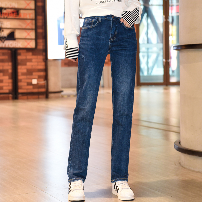 Plus-Size Straight-Leg Pants for Tall Women, Extra-Long Version, Fleece-Lined, Slimming, High-Waisted, Extra-Large Denim Cigarette Pants