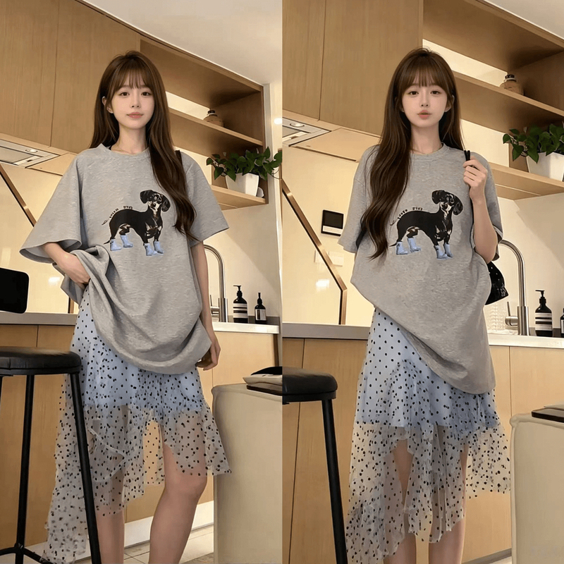 Korean Style Cartoon Puppy Print T-Shirt and Polka Dot Mesh Skirt Two-Piece Set for Women, Summer Loose Fashion Outfit Trendy Korean Style Cartoon Puppy Print T-Shirt and Polka Dot Mesh Skirt Two-Piece Set for Women, Summer Loose Fashion Outfit Trendy