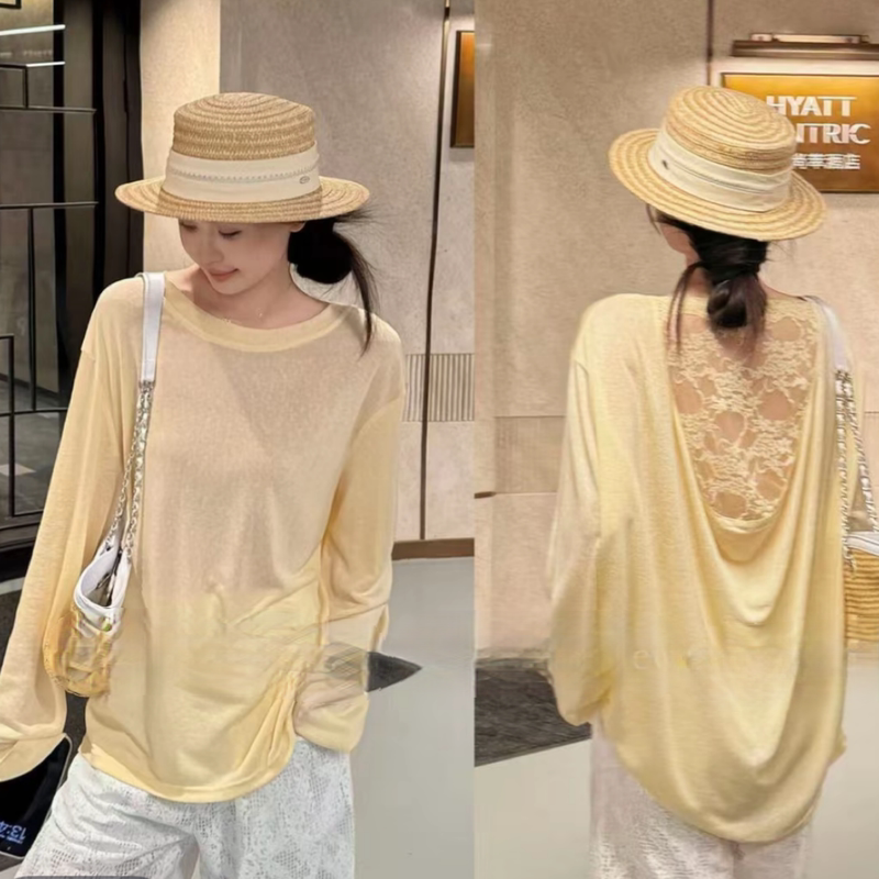 Korean Style Fashionable and Sexy Long-Sleeved T-Shirt with Back Cutout for Women 2026 New Thin Lace Splicing Air-Conditioning Shirt Top