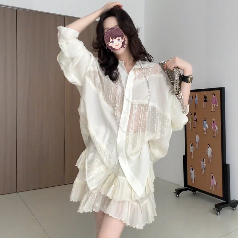 Korean Style Fashionable and Gentle Thin Casual Long-Sleeved Sun Protection Shirt Cardigan for Women + High-Waisted Embroidered Tiered Skirt Short Skirt