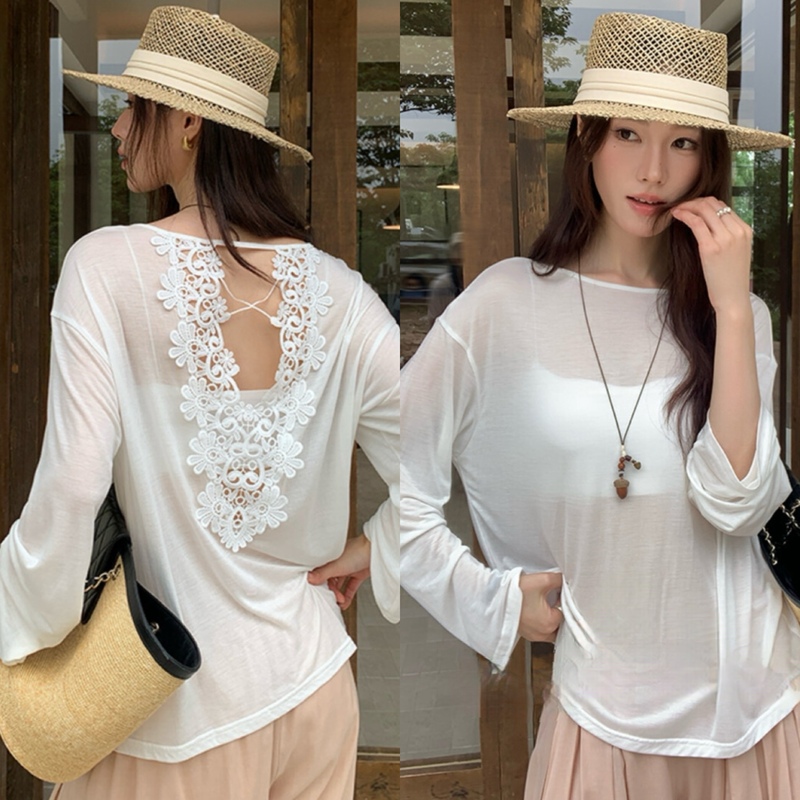 French-Style Romantic Lace Patchwork Long-Sleeve T-Shirt for Women, Loose Backless Sun-Protective Cover-Up with a Slightly Sheer Design, Trendy Top