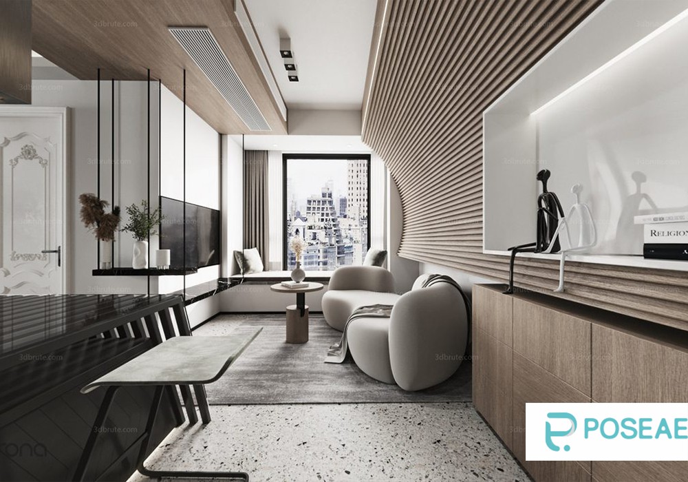 【3D模型】现代简约小户型客厅设计 弧形沙发木质格栅大窗户软装搭配 3DMAX 模型-PoseAe