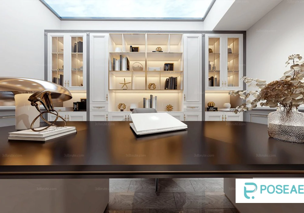 【3D模型】轻奢风带天窗书房（玻璃柜 + 金属摆件）3DMAX 模型-PoseAe