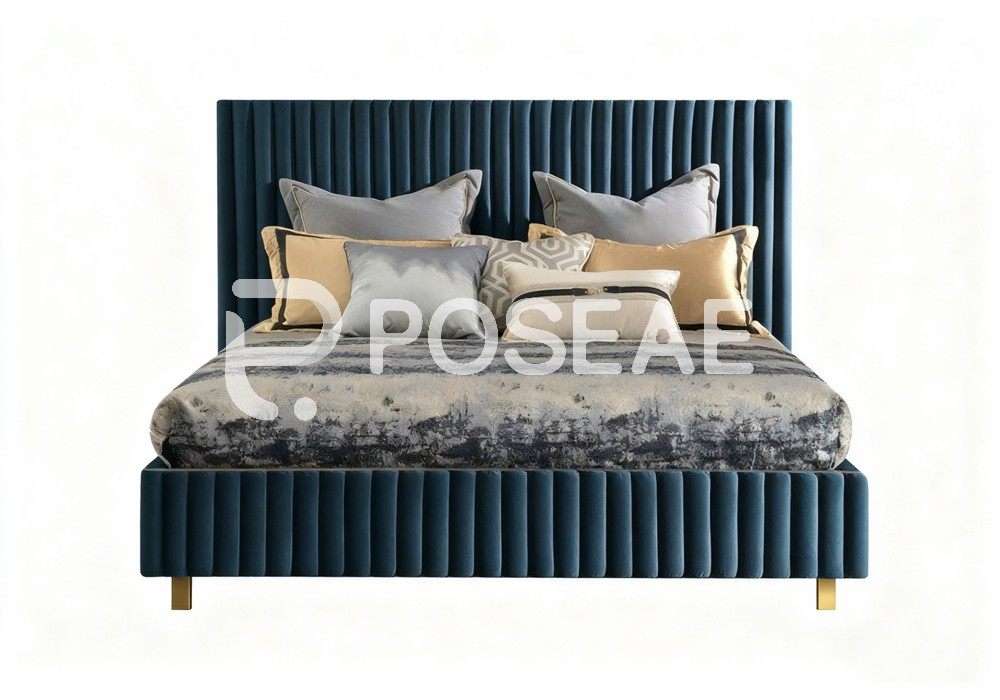 图片[1]-【3D模型】深蓝竖纹靠背床 3D 模型-PoseAe视频创意库