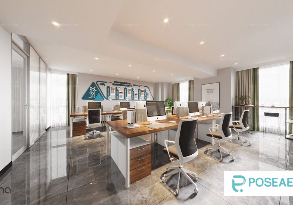 【3D模型】现代简约办公空间设计 原木办公桌文化墙办公椅软装搭配 3DMAX 模型-PoseAe