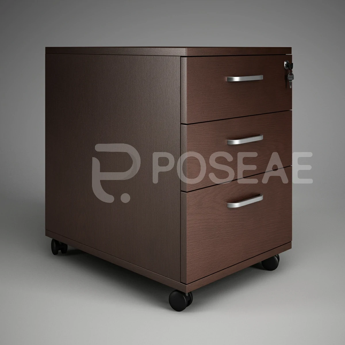 【3D模型】深棕色三抽移动文件柜 3D 模型-PoseAe