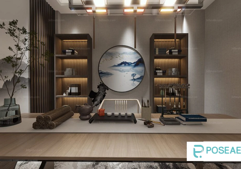 【3D模型】新中式禅意书房（山水挂画 + 博古架）3DMAX 模型-PoseAe