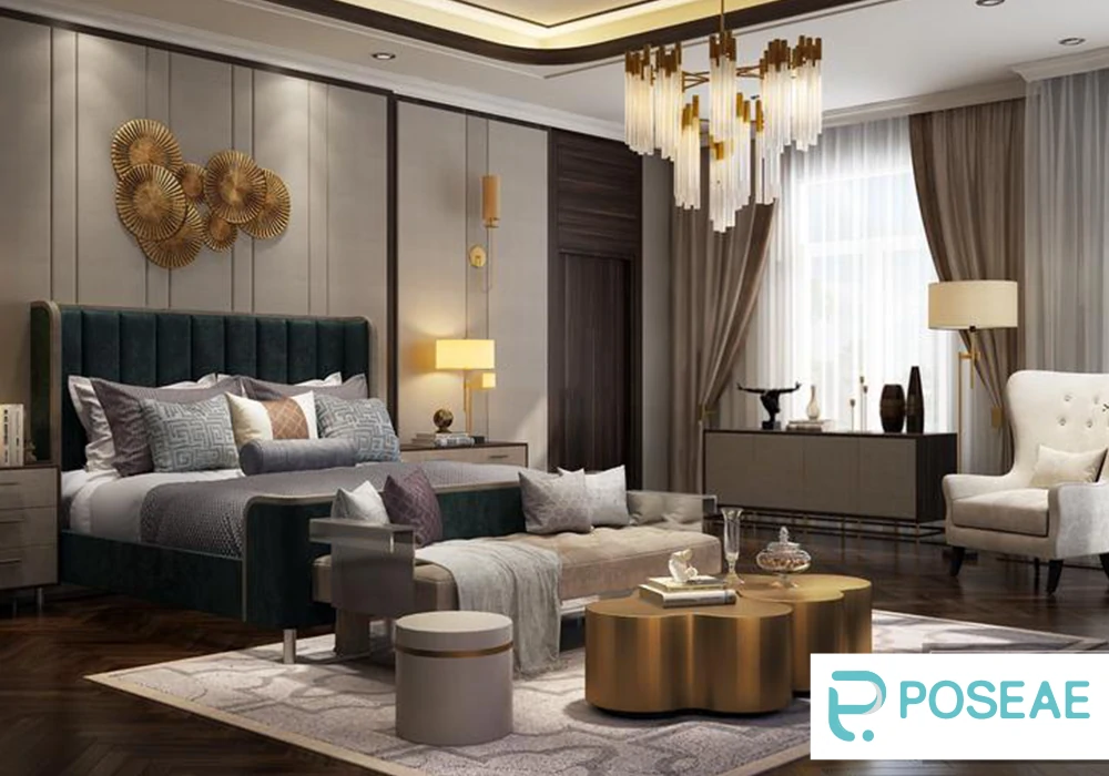 【3D模型】奢华雅致卧室（金属装饰 + 绒布床具）3DMAX 模型-PoseAe