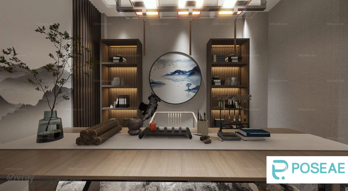 图片[1]-【3D模型】新中式禅意书房（山水挂画 + 博古架）3DMAX 模型-PoseAe视频创意库