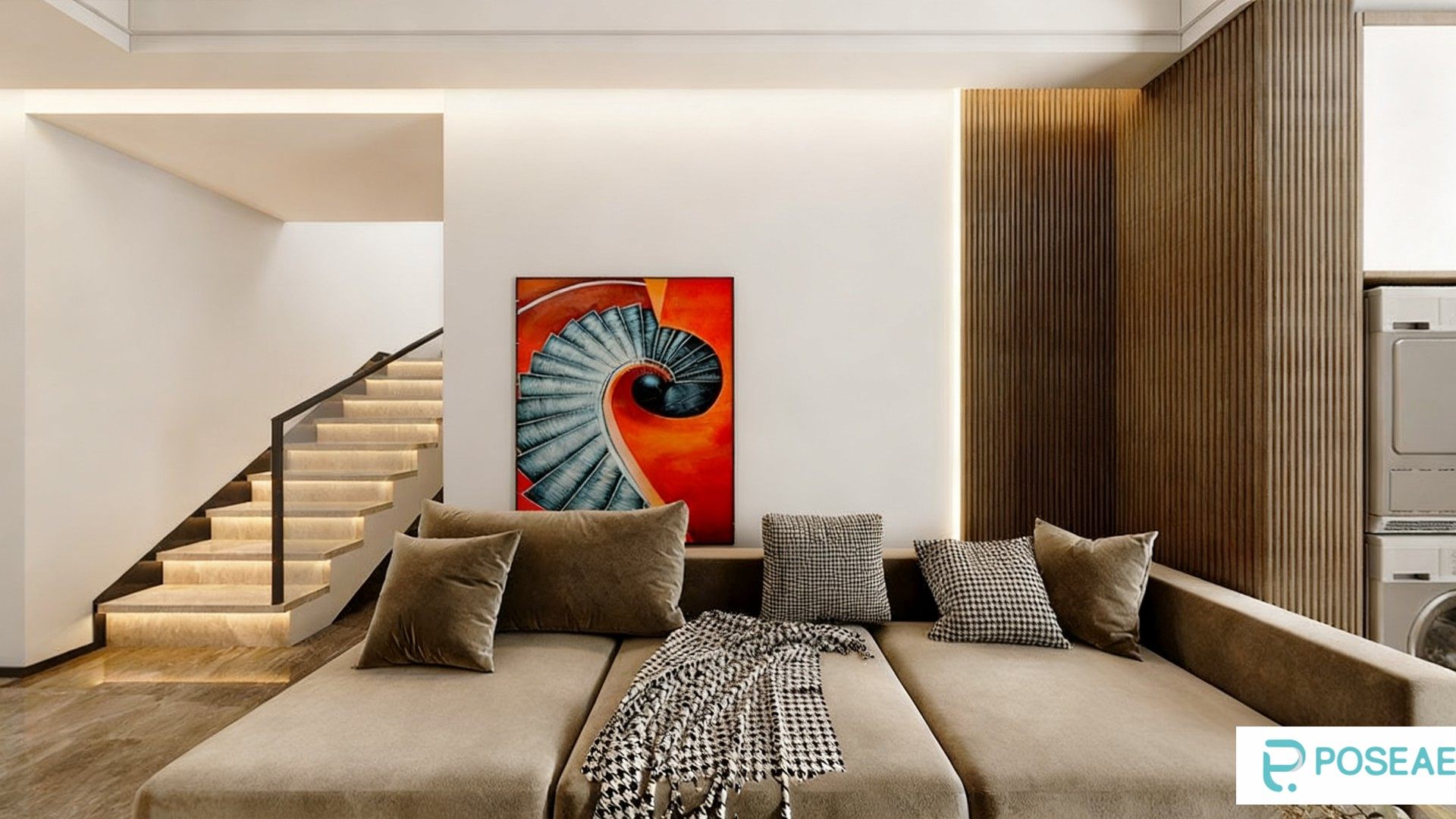 图片[2]-【3D模型】现代简约客厅带楼梯设计 艺术挂画沙发抱枕软装搭配 3DMAX 模型-PoseAe视频创意库