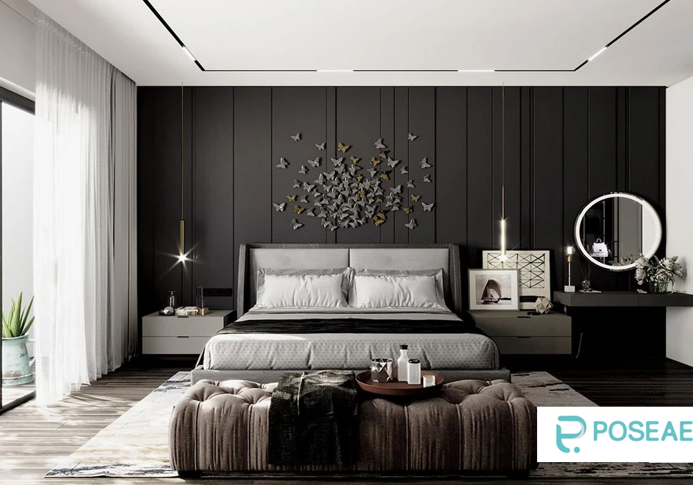 【3D模型】现代轻奢卧室（蝴蝶墙饰 + 玻璃衣帽间）3DMAX 模型-PoseAe