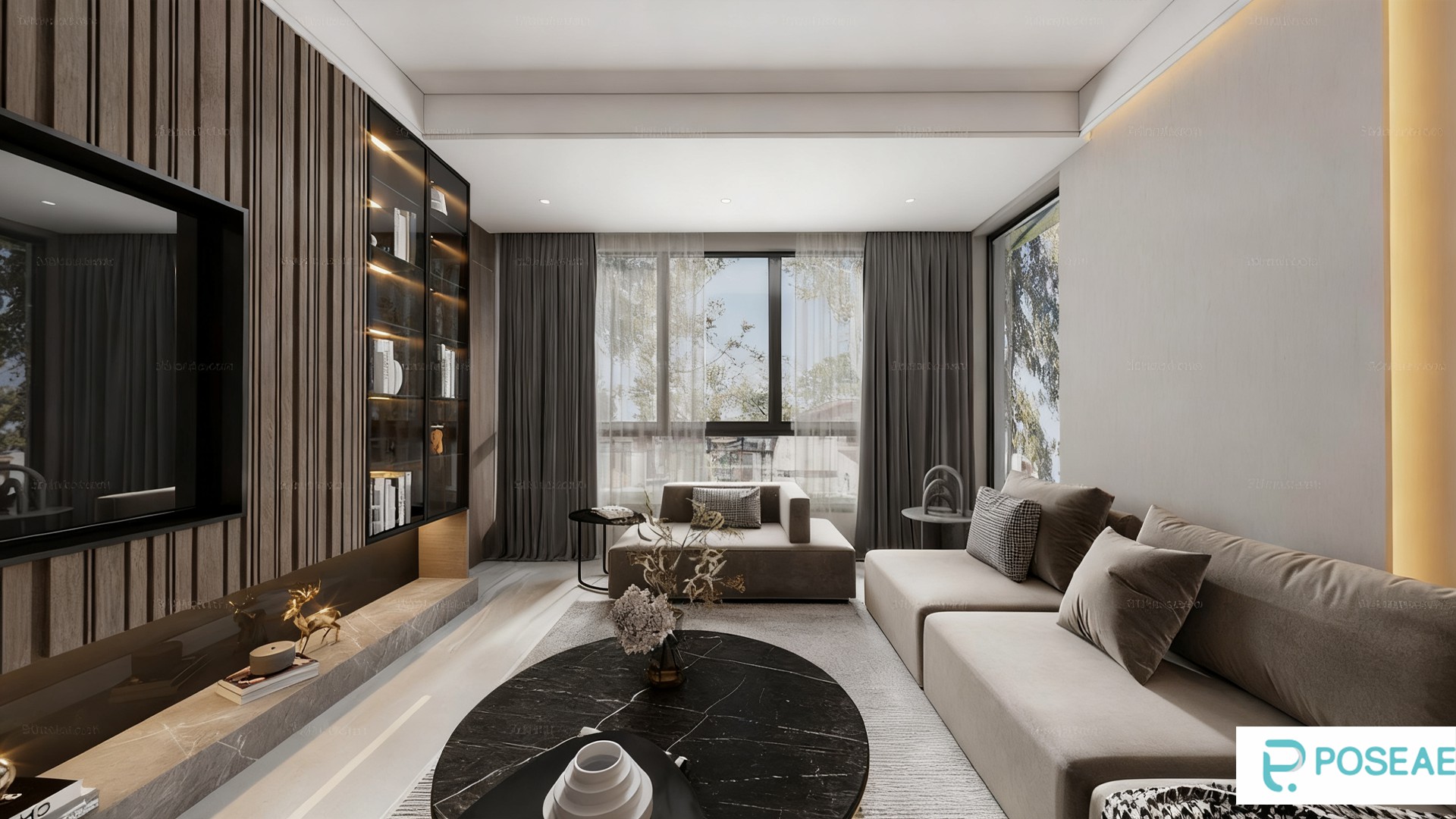 图片[1]-【3D模型】现代简约客厅设计 玻璃展柜大理石茶几大窗户软装搭配 3DMAX 模型-PoseAe视频创意库