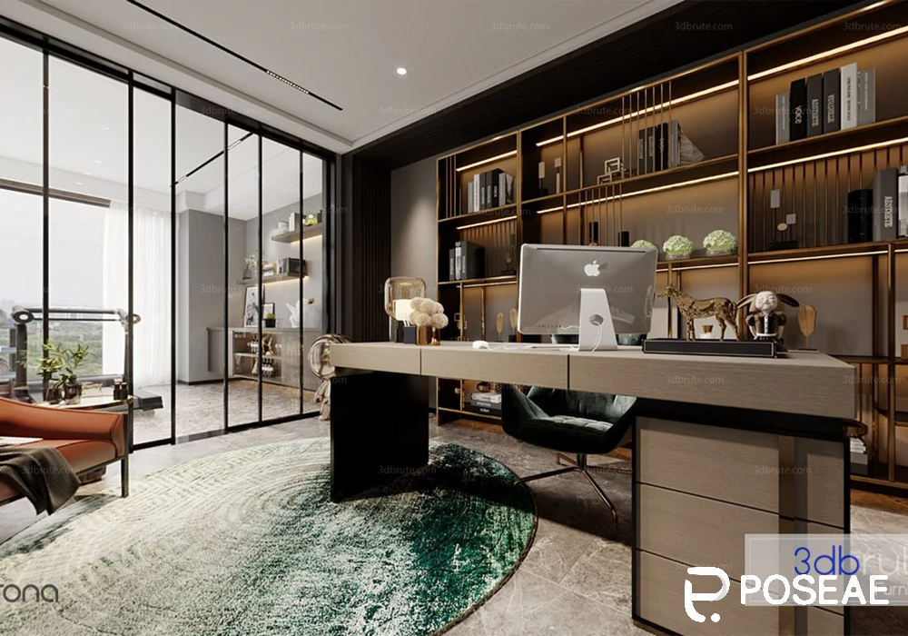 【3D模型】轻奢风书房（带展示柜 + 大玻璃窗）3DMAX 模型-PoseAe