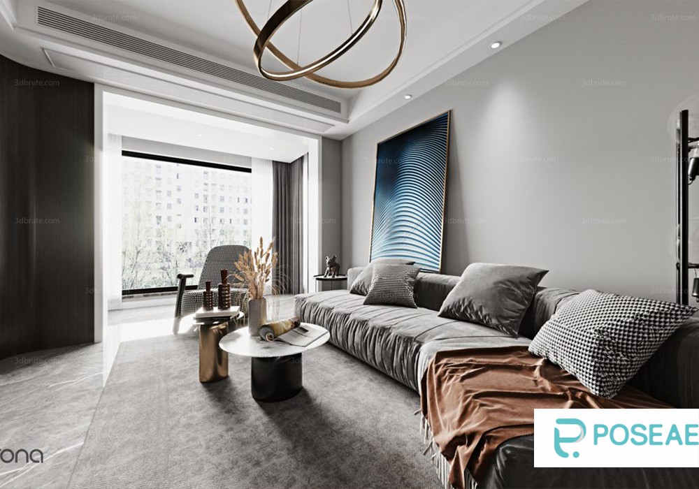 【3D模型】现代高级灰客厅设计 金属吊灯艺术挂画软装搭配 3DMAX 模型-PoseAe