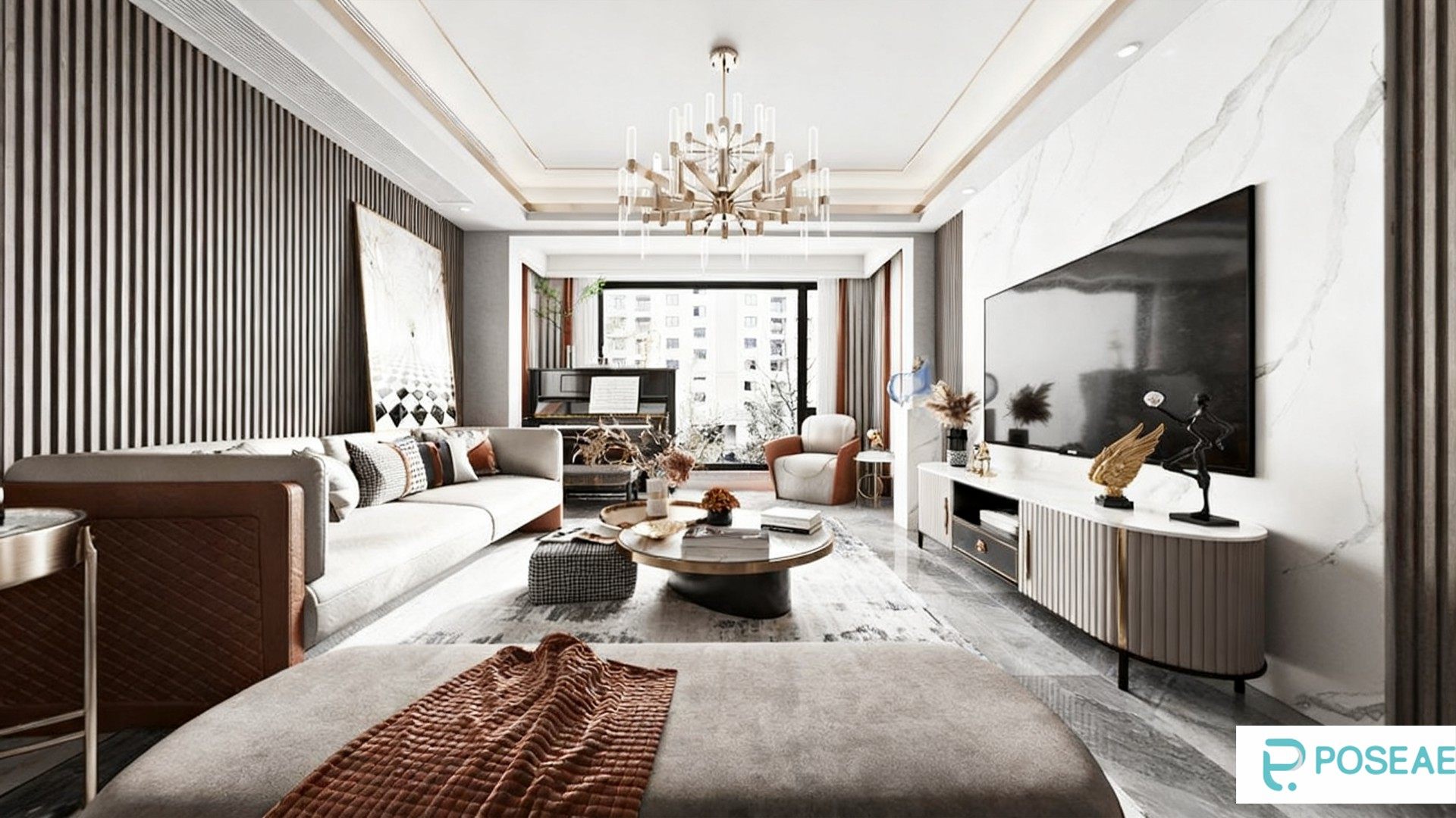 图片[1]-【3D模型】现代奢华客厅设计 水晶吊灯艺术挂画圆形茶几软装搭配 3DMAX 模型-PoseAe视频创意库