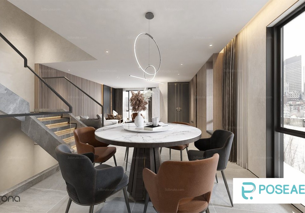 【3D模型】现代简约餐厅带楼梯设计 环形吊灯大理石餐桌软装搭配 3DMAX 模型-PoseAe