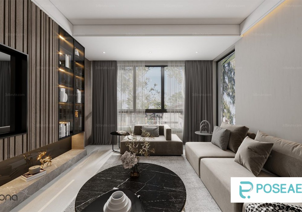 【3D模型】现代简约客厅设计 玻璃展柜大理石茶几大窗户软装搭配 3DMAX 模型-PoseAe