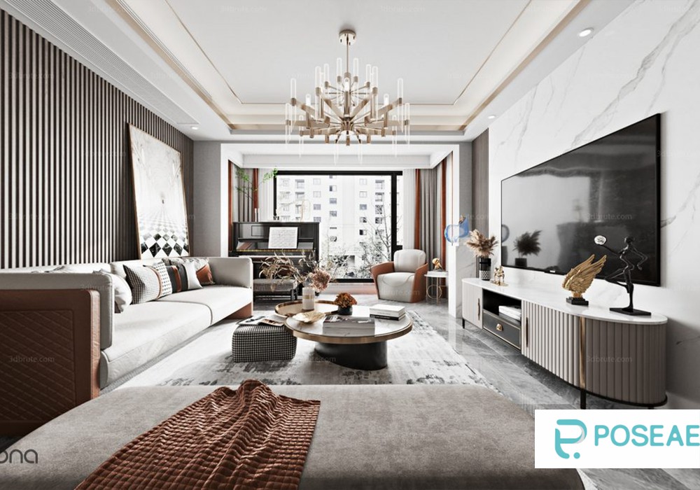 【3D模型】现代奢华客厅设计 水晶吊灯艺术挂画圆形茶几软装搭配 3DMAX 模型-PoseAe