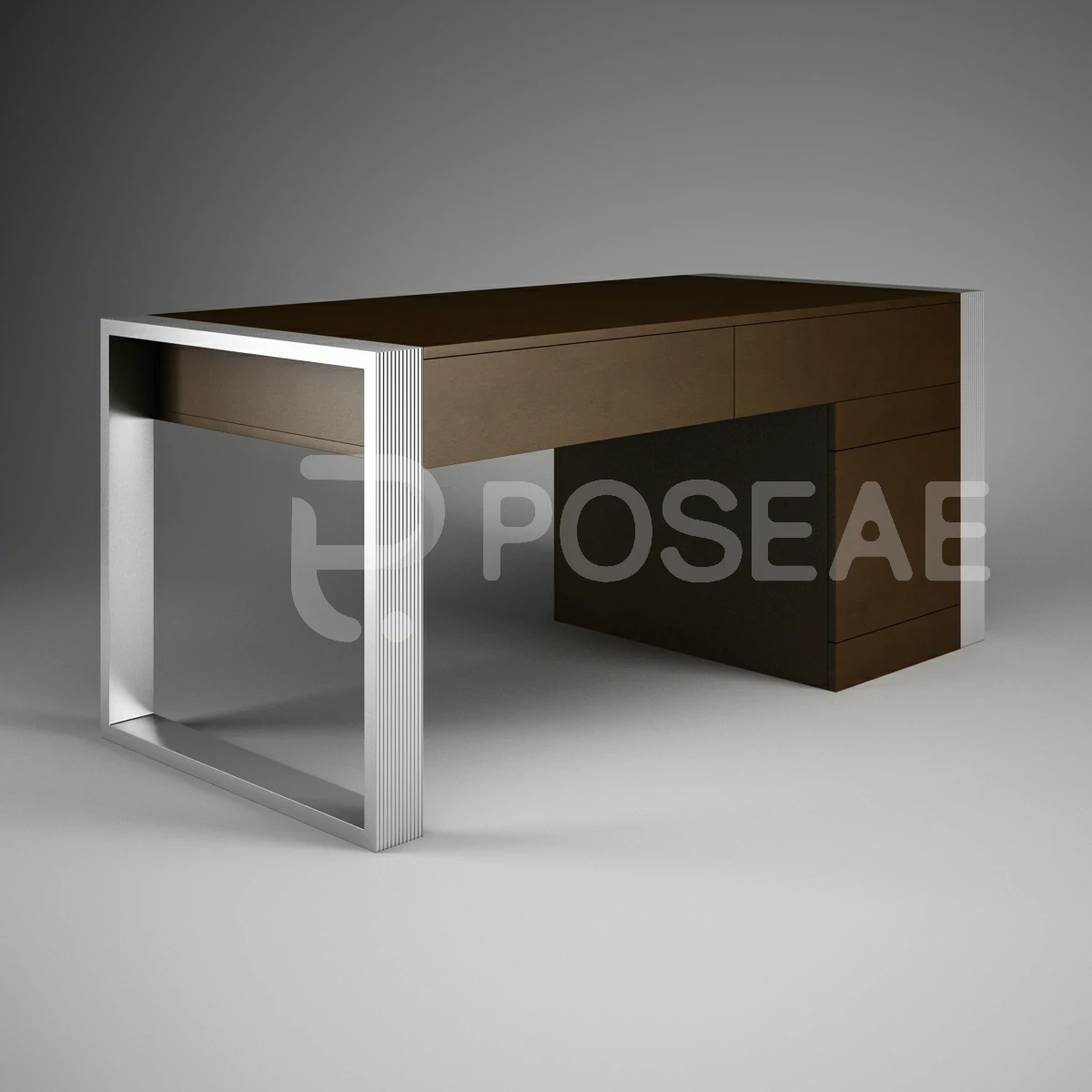【3D模型】银色方框支脚带抽屉电脑桌-PoseAe