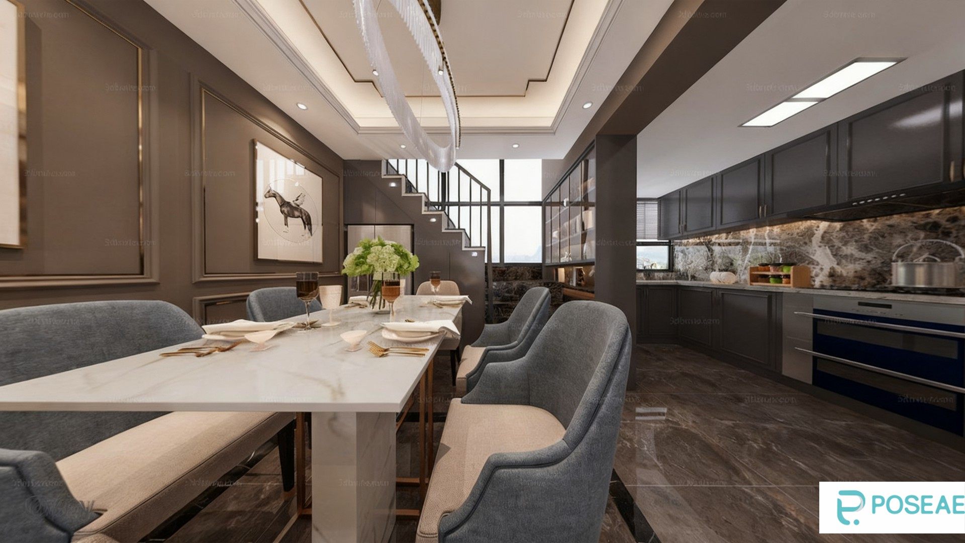 图片[1]-【3D模型】现代奢华餐厨带楼梯设计 环形吊灯大理石餐桌软装搭配 3DMAX 模型-PoseAe视频创意库