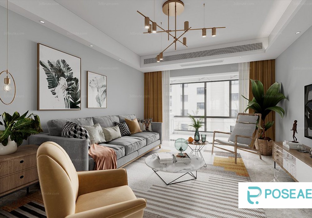 【3D模型】现代清新客厅设计 艺术吊灯植物挂画撞色家具软装搭配 3DMAX 模型-PoseAe