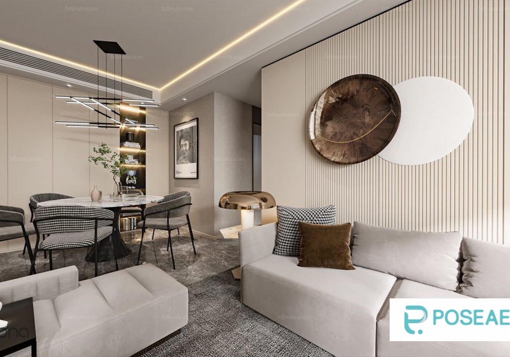 【3D模型】现代简约客餐厅设计 几何吊灯艺术墙饰千鸟格餐椅软装搭配 3DMAX 模型-PoseAe