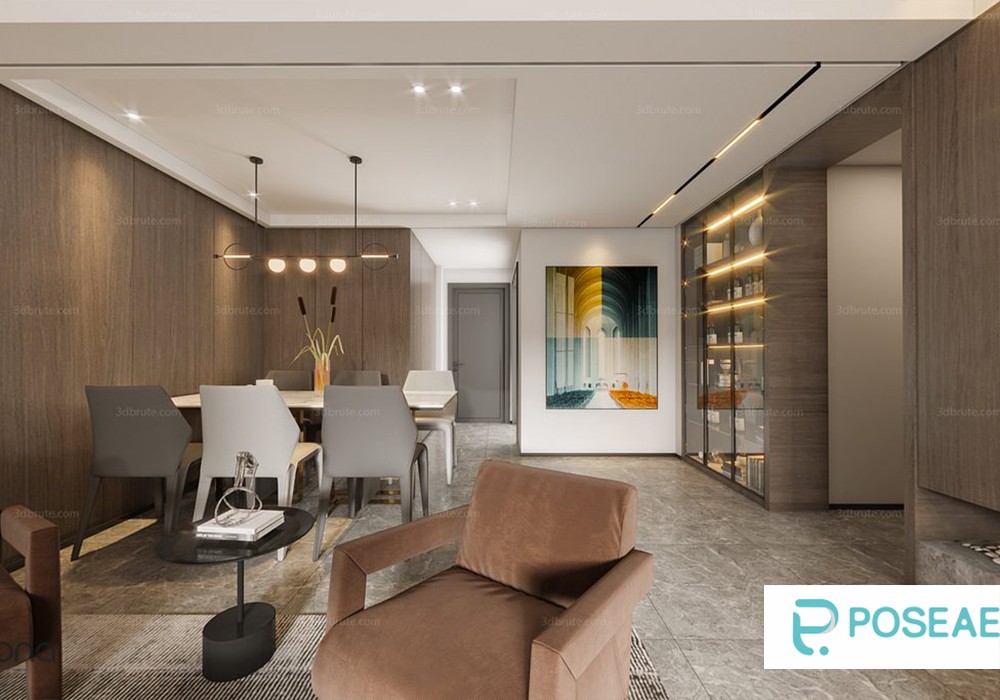 【3D模型】现代简约客餐厅（木质墙面 + 艺术挂画 + 玻璃展柜）3DMAX 模型-PoseAe