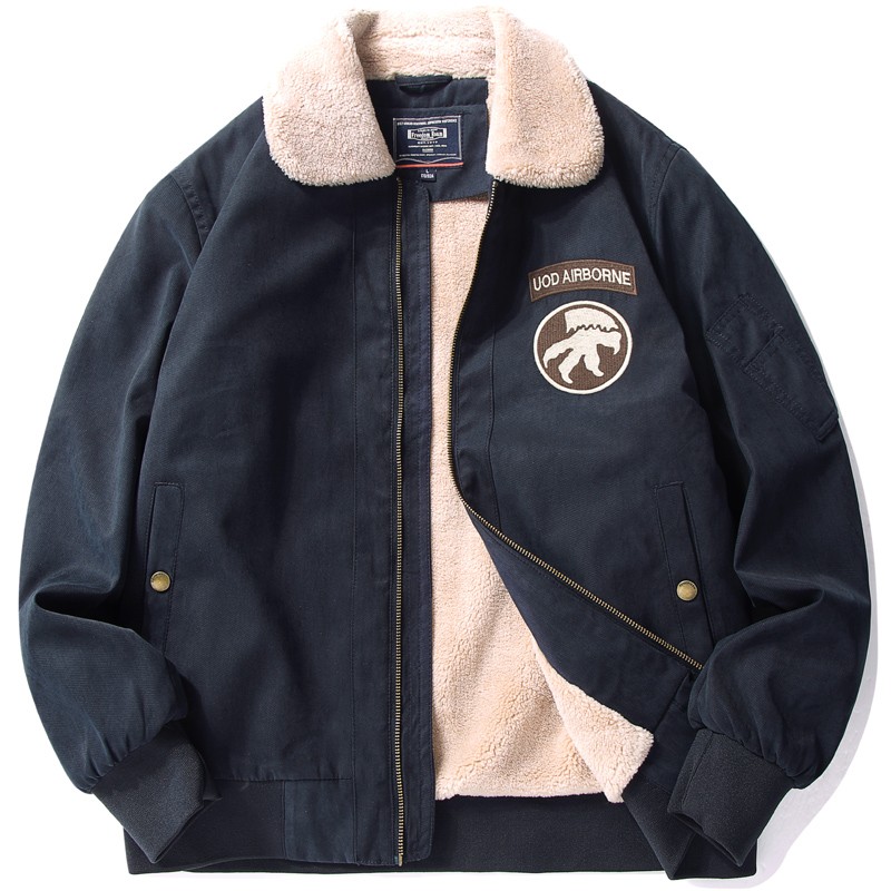 Lamb velvet cotton jacket men's autumn and winter plus velvet thick fur collar pilot staff clothing cotton clothing high-end middle-aged men's jacket