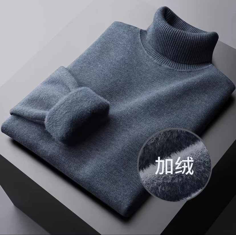 High-end collar cashmere sweater men's slim fit plus velvet casual pullover inner high-end middle-aged men's knitted sweater winter