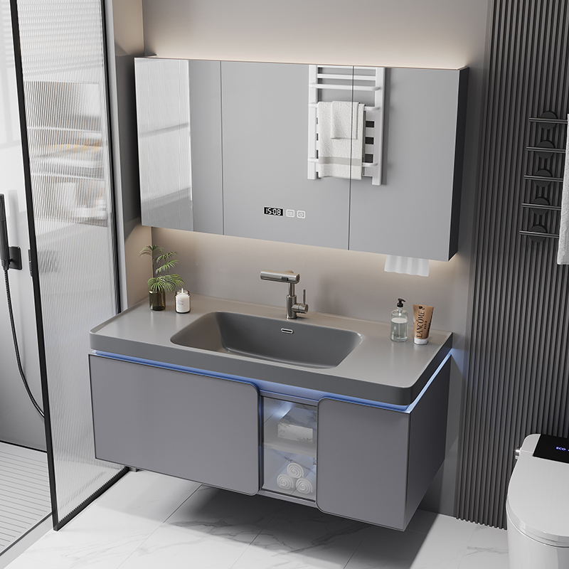 Rounded Ceramic Skin-Feel Integrated Basin Gray Bathroom Cabinet Combination Washbasin Washbasin Bathroom Storage Rounded Ceramic Skin-Feel Integrated Basin Gray Bathroom Cabinet Combination Washbasin Washbasin Bathroom Storage